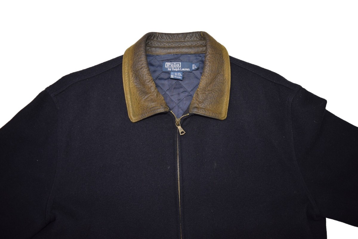 Polo Ralph Lauren Wool Jacket Mens L Black Full Zip Leather Polo Ralph Lauren Wool Jacket Mens L Black Full Zip Leather
