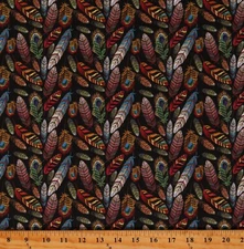 Cotton Feathers Aztec Birds Plumes Plumage Black Fabric Print by Yard D465.55