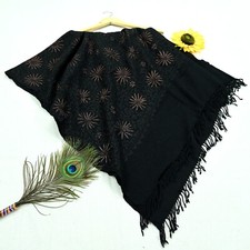 Vintage Black Pure Woolen Shawl Handmade Ari work Long Throw Stole Warm Flora