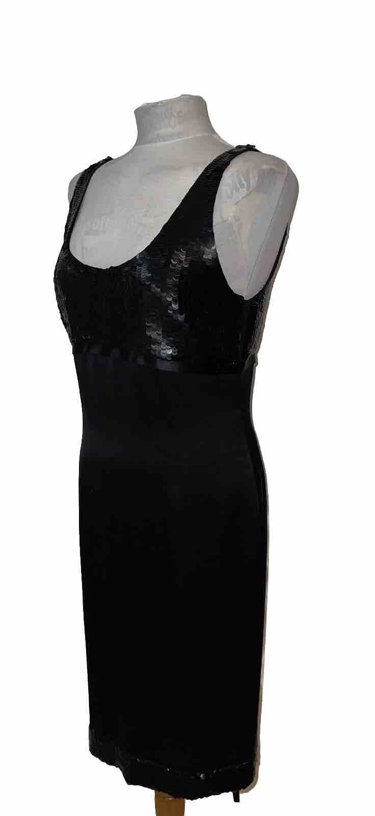 ABITO CHANEL NERO PAILLETTES SETA CINTURINO COLLO SCOOP FESTA SERA FODERATO TAGLIA 38