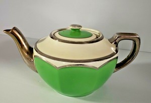 Mid-Century-Modern-ART-DECO-Green-amp-Silver-TEAPOT-MANNING-BOWMAN-USA