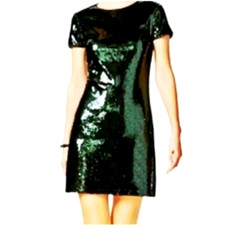 Guess Sequin Dress 8 Green Cocktail Short Sleeve Shift Homecoming Party Classic