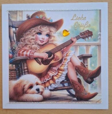 3D-Grusskarte °Mädchen mit Gitarre und Hund° Geburtstag Handarbeit NEU