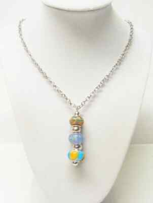 Light Blue/Gold Lamp work Glass w/Metal Bead Pendant Necklace