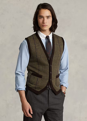 $398 Ralph Lauren Polo Men's SZ M Glen Plaid Brown Tweed Wool Vest