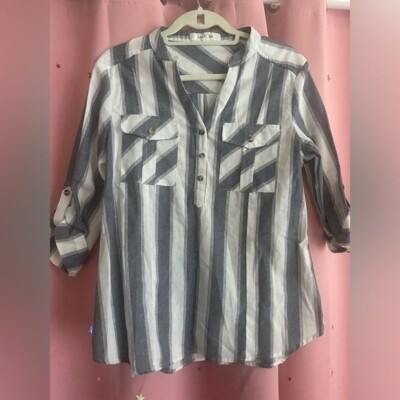 Eden & Olivia Cotton V-neck Pullover Roll Tab Button Pockets Striped Size Medum