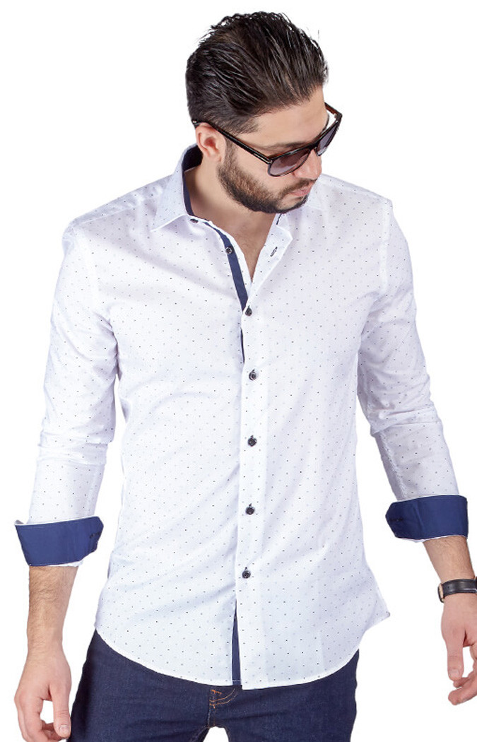 White Slim Fit Men's Dress Shirt Contrasting Trim Details Bow Tie Print By  Azar | eBay