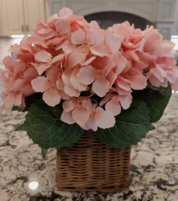 Valerie Parr Hill Faux Hydrangea Arrangement In Basket Peach Pink Floral Spring