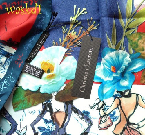 CHRISTIAN LACROIX navy FLOWERS HAPPY ANNIVERSARY silk scarf bandana NWT Authentc - Picture 3 of 3