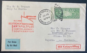 1930 USA Catapult Flight Airmail Cover SS Bremen to Germany Ship To Shore