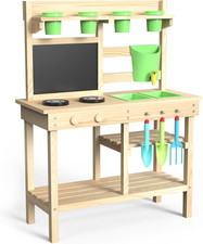 Cedar Wood Outdoor Play Kitchen for Kids, Mud Kitchen with Water Faucet, Dual-Si