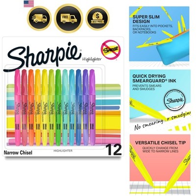 Pocket Highlighters, Chisel Tip, Quick Dry, Assorted Fluorescent Colors, 12 C...