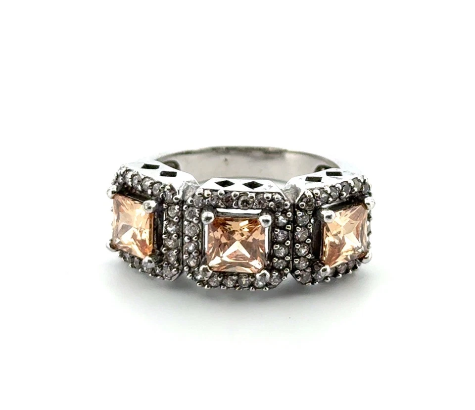 Anillo Joseph Esposito citrino triple halo circonita cúbica plata de ley 925 tamaño: 7,25 Foto 2 de 4