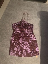 NWT Reformation Poppie Silk Mini Dress 10 Floral Brown Lilac Halter Open Back