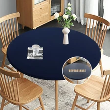 Fitted Round Table Cloth, Reversible Waterproof Stain Resistant Elastic Stret...