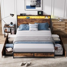 Double Bed Frame with LED Lights, 4 Drawers, Charging Station Metal Platform Bed