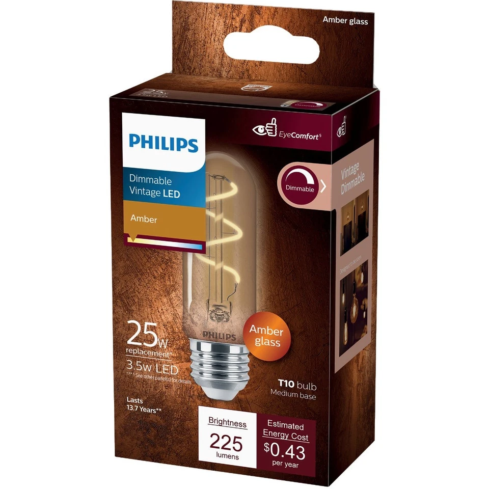 Philips Vintage 25W Equivalent Amber T10 Medium LED Decorative Light Bulb 565671 - Image 4 of 4