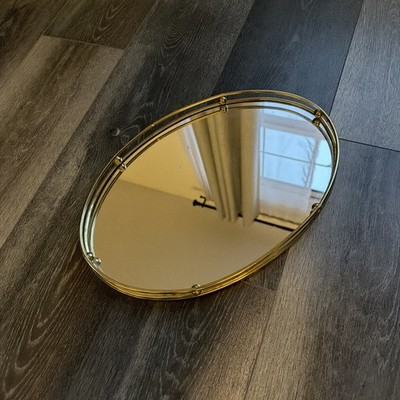 Oval Mirror Vanity Tray Gold Railed 9  x 13  Vintage 