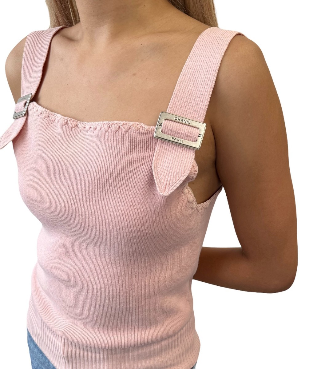 CHANEL トップス CHANEL Vintage 05C CC Logo Ribbed Knit Tank Top #38 Pink Cotton