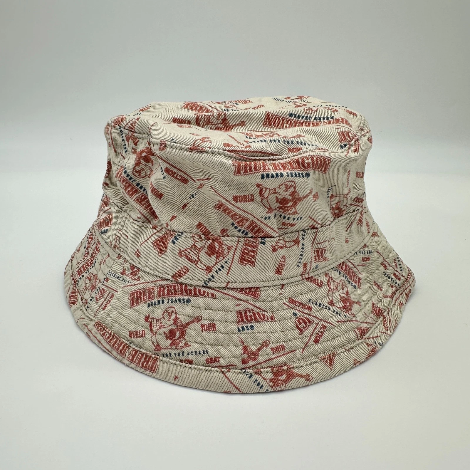 True Religion Buddha Logo Bucket Hat Tan & Red Y2K Style Coachella Made in USA
