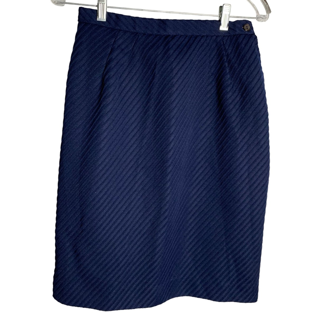 Vintage 70s Ribbed Pencil Skirt S Blue Button Zipper Knee Length