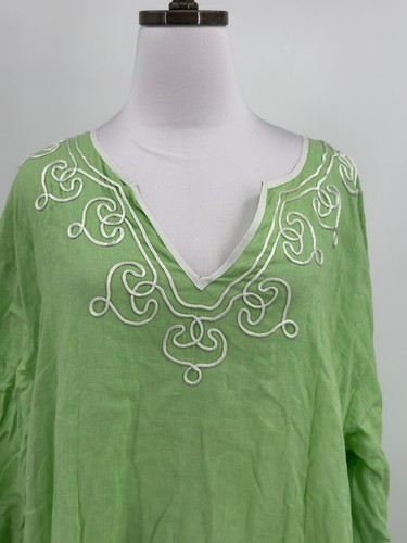 Weiche Umrandung Damen grün Leinen bestickt langes Kaftan Kleid Gr. 1X - Bild 2 von 9