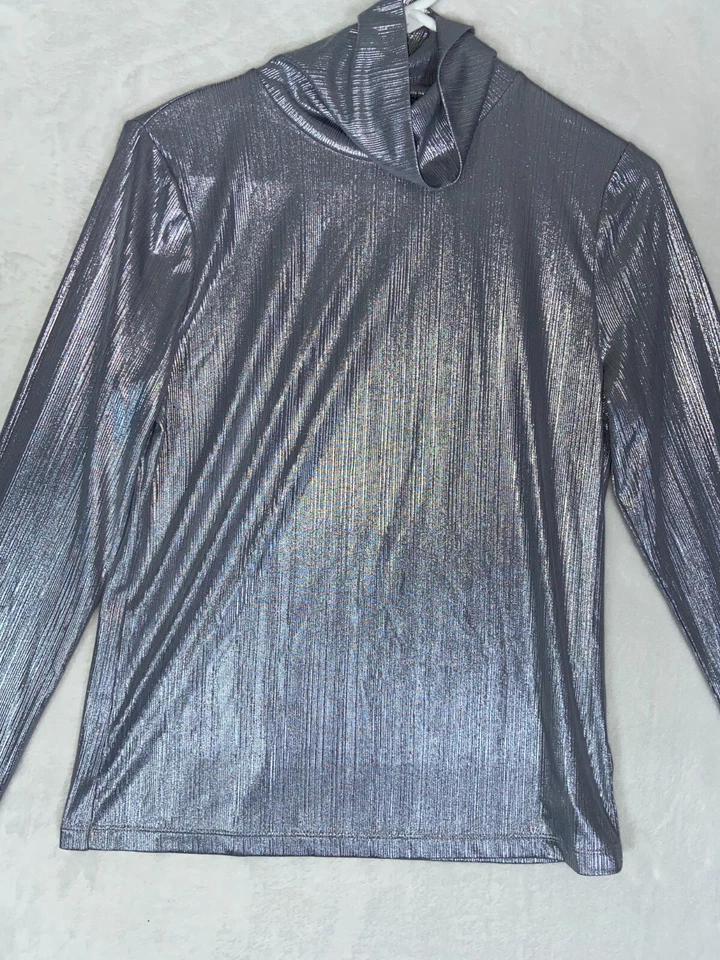 Camisa Kate Spade New York Plateada Metálica Elastizada Mezcla de Poli Cuello Alto Medio Foto 2 de 4