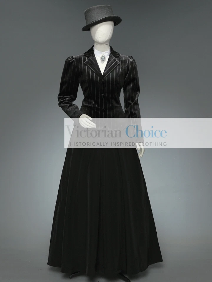 Women Black Victorian Edwardian 3PC Velvet Day Dress Suit Theater Steampunk 166 - Image 2 of 4