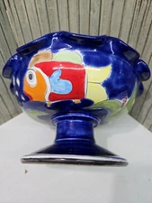 Italian Pottery Footed Fruit Bowl Centerpiece Serving Dish Hand Painted Vtg