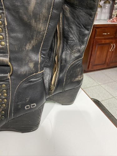 BED STU NOBILITY Sz 8.5 BLACK Distressed Leather SIDE ZIP Wedge TALL Boots ROUND - Picture 4 of 9