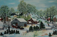 Rare fine unique American landscape painting, signed Grandma Moses, w COA