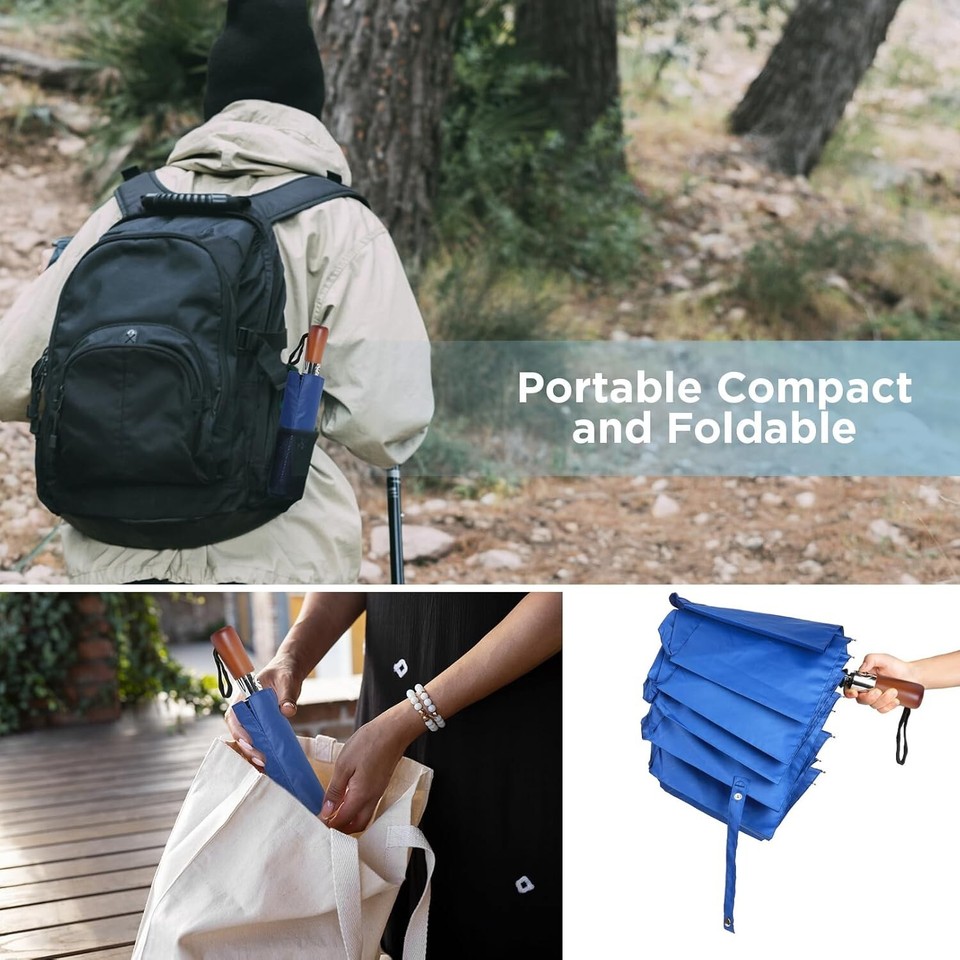 Compact 55Inch Folding Golf Umbrella Rain & Sun Protection with Wood