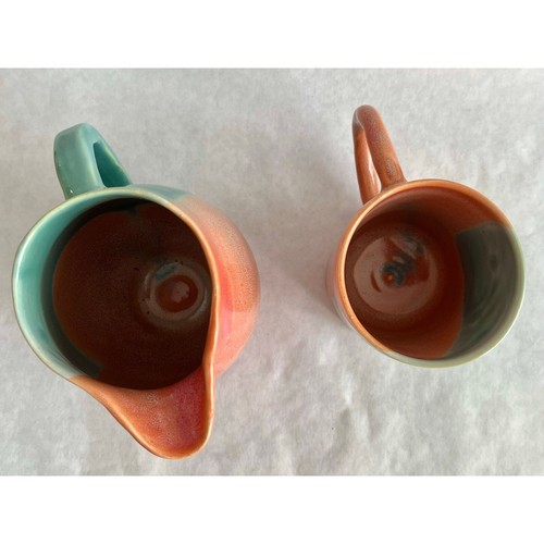 Wheel-Thrown, Dip-Dyed Pitcher And Cup / Coffee Mug Set In Teal And Sunset Pink! - Picture 5 of 10