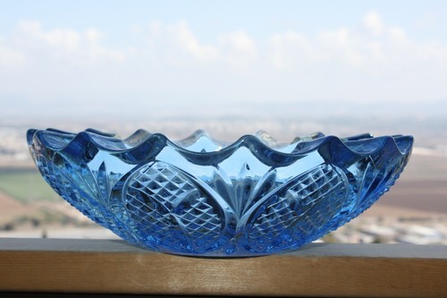 Tolle Vintage hellblau Kristall Glas Salat Obst schwere Schüssel Böhmen? "8" - Bild 4 von 9