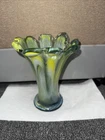 Vintage MURANO 6.5” Scalloped Edges Hand Blown Yellow White Clear Blue Swirl