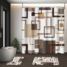 Geometric Brown Shower Curtain Set with Toilet Seat Cover and Non-Slip Floor