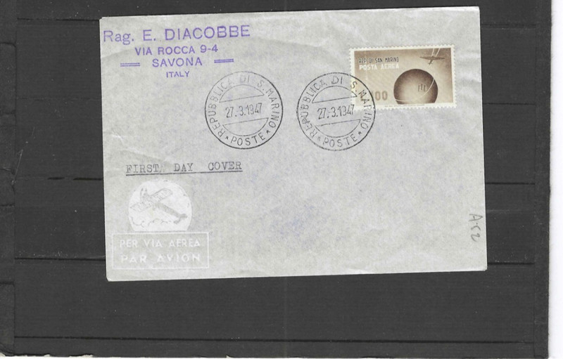 SAN MARINO FDC AIR 1947 COMMERCIAL CREASED ON STAMP CANCELS!   #658