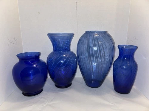 4 PC Lot Vintage Anchor Hocking Libbey Indiana Glass Cobalt Blue Vases Swirl