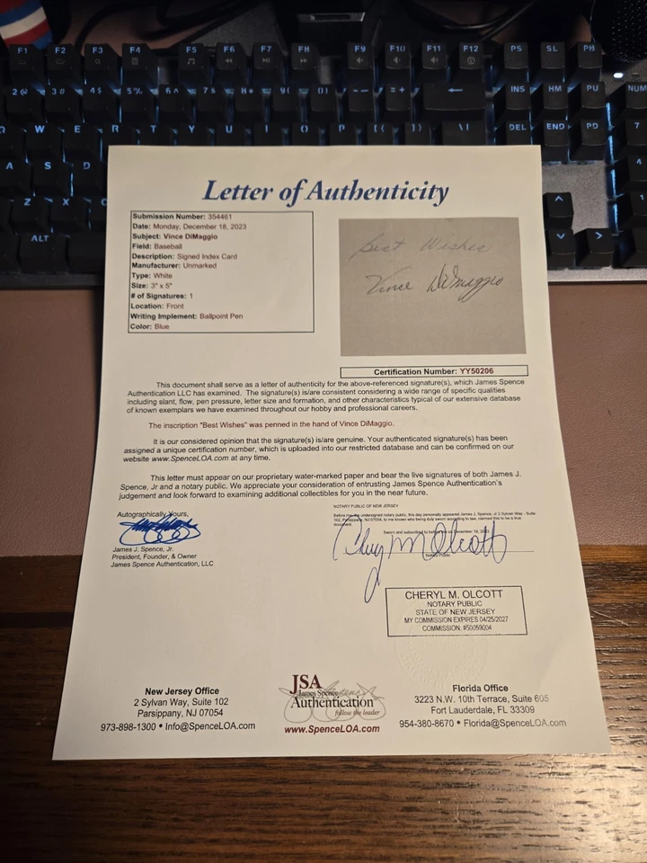 Vince DiMaggio Signed Autographed 3x5 Index Card JSA - Image 4 of 4