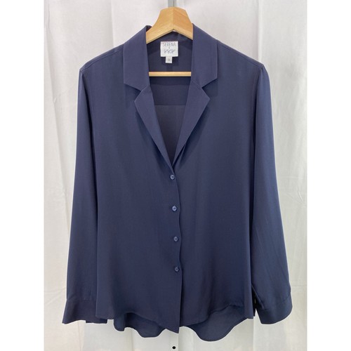 Serena x CCH Silk Serena Shirt in Classic Navy Blue Button Up Long Sleeve Size S