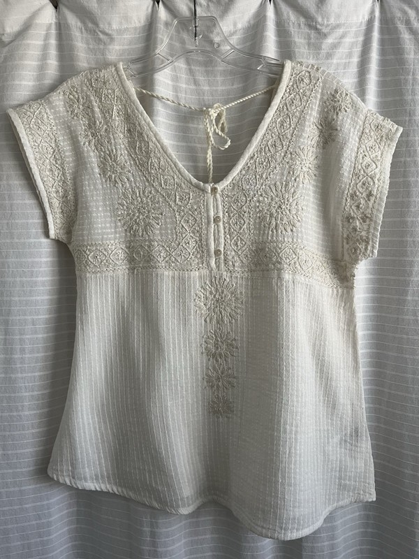 Sigrid Olsen Cream Ivory Off White V-Neck Cap Sleeve Boho Embroidered Top XS