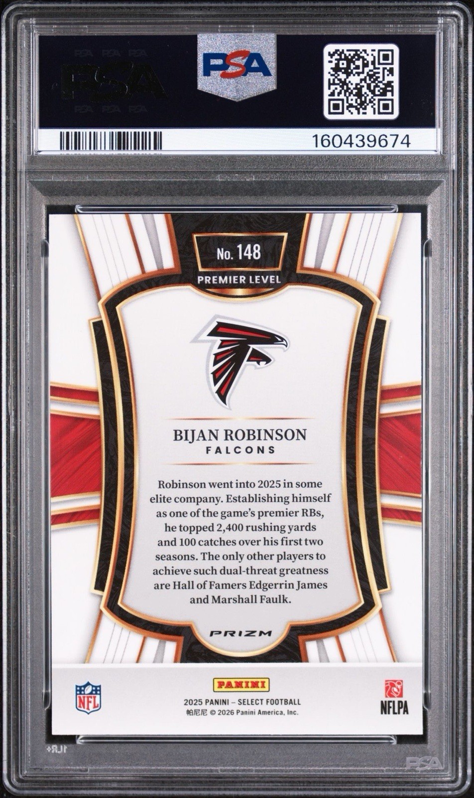 PSA 10 2025 Panini Select Pink Shock Premier Bijan Robinson Falcons view 2