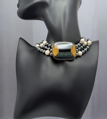 Kai-fin Co  hematite, pearls w/ 925 tigers eye, black onyx, falcon eye chocker 