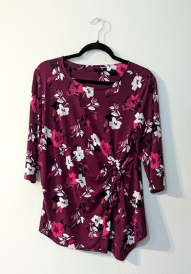 Alfani Women's Burgundy Floral Stretch Knit Blouse. Size PXL