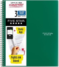 Five Star Spiral Notebook  Study App, 3 Subject, Wide Ruled Paper, 150 Sheets,