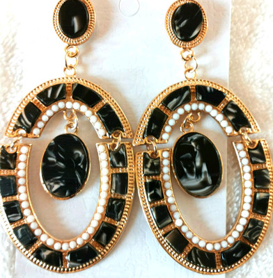 Boucles D'oreilles Pierres Et Strass Noir Et Blanc - Métal Doré Sans Nickel, Neuves Avec étiquette