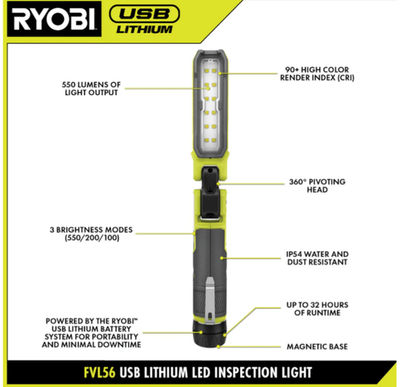 #ad RYOBI USB Lithium Inspection Light FVL56 * Bare Tool * $27.00