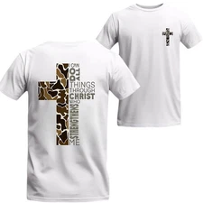 Christian T-Shirt, Camo Cross Design With Philippians 4:13 Verse,