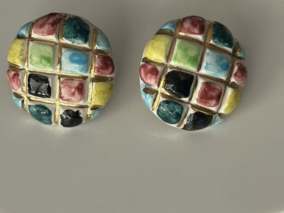 Vintage Colorful Mosaic Tile Earrings Statement Boho Artisan Multicolor