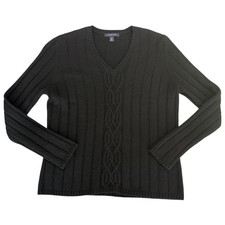 Lands End Black 100% Cashmere V-Neck Ribbed Cable Knit Sweater Size M Petite